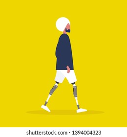 Young indian male character with prosthetic lower limbs. Modern disabled people. Lifestyle. New technologies. Flat editable vector illustration, clip art