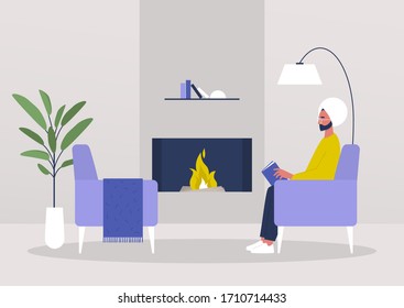 Young indian male character reading in the living room next to a fireplace, cozy interior