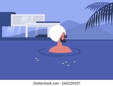 Young indian male character refreshing in a swimming pool, hot summer days recreation, luxurious private swimming pool, beautiful modern villa