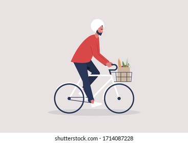 Young indian male character riding a bike, millennial lifestyle, daily routine