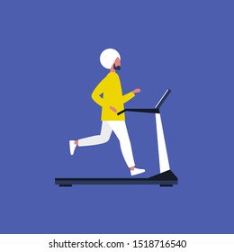 Young indian male character running on a treadmill. Gym. Sport. Active lifestyle. Flat editable vector illustration, clip art