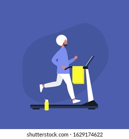 Young indian male character running on a treadmill in the gym, Sport and Active lifestyle