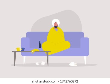 Young indian male character sitting wrapped in a blanket, depression and anxiety, self isolation, stay at home order