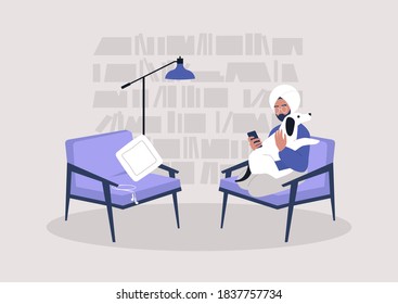 Young Indian male character snuggling with their puppy dog, a cozy home interior, a lockdown leisure