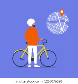 Young indian male character standing with a bike. Urban transport. Healthy lifestyle. Using a navigational app. Map and geo tag. Millennials and devices.