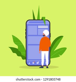 Young indian male character standing in front of the  smartphone screen. Social media life. Digital space. Millennial user. Flat editable vector illustration, clip art