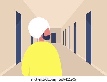 Young indian male character standing in a corridor, empty building hall with doors