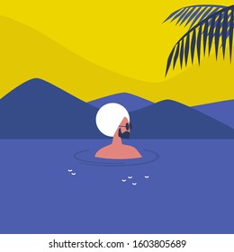 Young indian male character swimming in the sea, holidays in a tropical climate, lifestyle