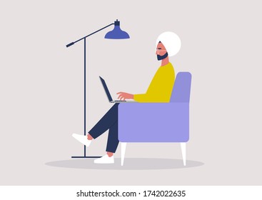 Young indian male character working on a laptop from home, social distancing, remote office