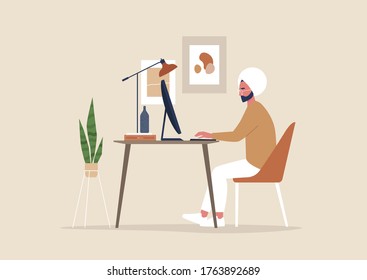 Young indian male character working at the office, posters and plants, cozy workplace interior, millennials at work