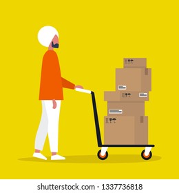 Young indian male courier rolling a pushcart. Cargo. Delivery service. Flat editable vector illustration, clip art