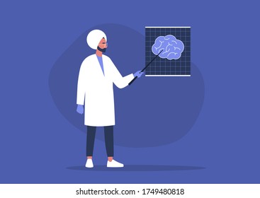 A young indian male doctor pointing at the x-ray image of human brain, cognitive science