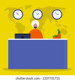 Young indian male manager standing behind the reception desk. Financial consulting. Hotel lobby. Service. Flat editable vector illustration, clip art