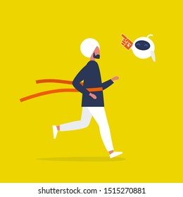 Young indian male running character crossing the finish line. Red ribbon. Cheering robot.  Race. Competition. Flat editable vector illustration, clip art