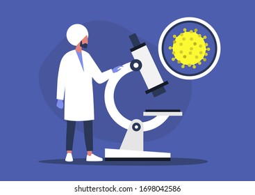 Young indian male scientist looking through the microscope, lab research,  coronavirus pandemic