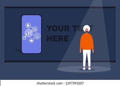 Young indian male speaker presenting a new product on the stage. Presentation template. Your text here. Flat editable vector illustration, clip art