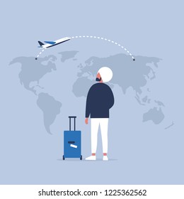 Young indian male traveler looking at the map, back view. Flight. Destination. Tourism. Flat editable vector illustration, clip art