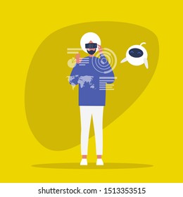 Young indian male wearing a virtual reality headset. VR. AR. New technologies. Cute robot. Machine learning. Millennial gadgets and lifestyle / flat editable vector illustration