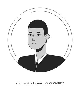 Young indian man black white cartoon avatar icon. Brunette. Short hair. Editable 2D character user portrait, linear flat illustration. Vector face profile. Outline person head and shoulders