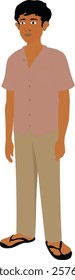 Young Indian man. Brown man with slippers. Young Bengali man. Adult male full body portrait. Indian man in shirt and pants. Brown adult male character design.
