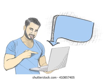 Young indian man pointing at laptop screen against white background.