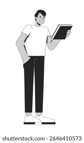 Young indian man in white tshirt holding book 2D line character. South asian male reader in relaxed posture with pleasant expression isolated vector ink outline person. Monochromatic spot illustration
