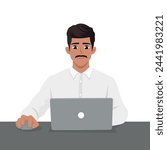 Young indian man working on the laptop computer and having idea. Flat vector illustration isolated on white background