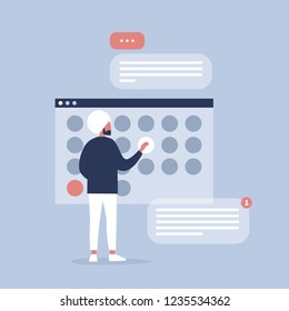 Young indian manager planning the project in digital calendar. Organising the working process. Deadlines. Office life. Flat editable vector illustration, clip art