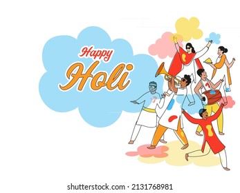  Young Indian People Playing Or Enjoying With Colors And Music Instrument Against White Background For Holi Festival Celebrate.