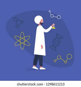 Young indian scientist holding a glass flask. Experiments. Chemistry. Biology. Medicine. Flat editable vector illustration, clip art