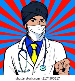 Young Indian Sikh Man Doctor With Mask Wearing Turban Pointing Finger. Vector Illustration In Comic Book Pop Art Retro