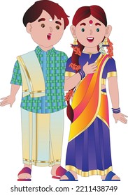 a young Indian Tamilian married couple dressed in ethnic Indian dress and smiling