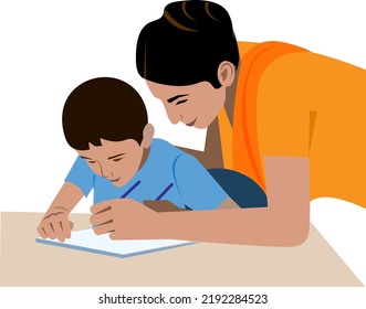 Young indian teacher helping little school boy do study task  Vector