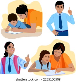 Young indian teacher helping little school boy do study task  Vector