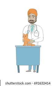 Young indian veterinarian examining a cat in hospital. Veterinarian checking a cat in vet clinic. Concept of medicine and pet care. Vector sketch cartoon illustration isolated on white background.