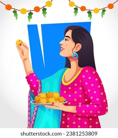 Young Indian woman celebrating Diwali with full of happiness and holding Indian sweets Laddu thali in hand. Indian festival concept