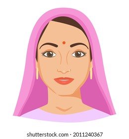 Young Indian woman face with bindi and nose piercing. Female portrait in dupatta or shawl. Natural beauty. Front view. Vector illustration. 