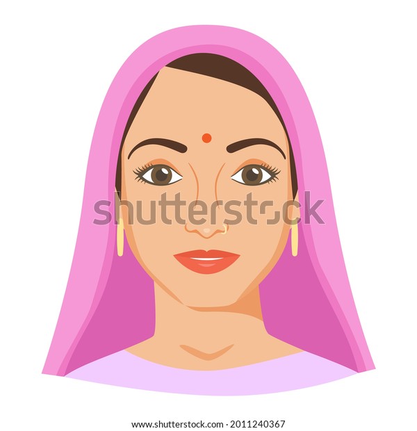 Young Indian woman face with bindi and nose piercing.\
Female portrait in dupatta or shawl. Natural beauty. Front view.\
Vector illustration. 