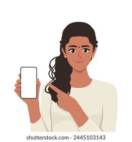 Mujer india joven sosteniendo el teléfono inteligente móvil de pie y apuntando al teléfono en blanco. Ilustración vectorial plana aislada sobre fondo blanco