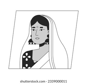 Young indian woman in sari black white cartoon avatar icon. Editable 2D character user portrait, linear flat illustration. Vector face profile. Outline person head and shoulders