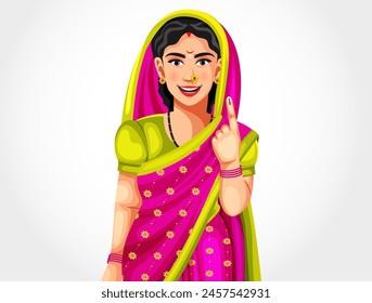 A young Indian woman showing her ink-marked finger after voting. Female candidate casting votes, isolated on a white background