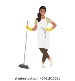 Young indian woman sweep the floor using broom. Flat vector illustration isolated on white background