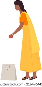 Young Indian Woman In Traditional Clothes Shopping At Market, Puts Apples In Paper Bag. Isolated Female Character Dressed In Costume Sari Stands At Full Height. Fashion Lady, Asian Person At Bazaar