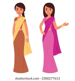 Young Indian woman in traditional saree. Cute cartoon vector illustration. Two poses and color options. 