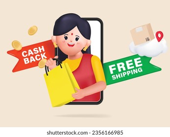 Young indian woman wearing saree. Business woman shopping online concept with cash back and free shipping delivery. 3d rendering illustration vector