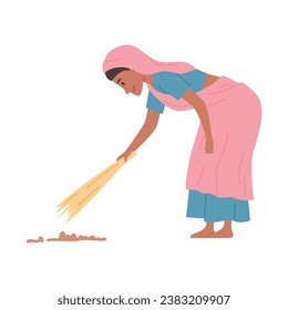 Young Indian woman working in the field, vector illustration isolated on white background. Female character in national clothes, sari in rural area stands bending down. Drawing in cartoon flat style