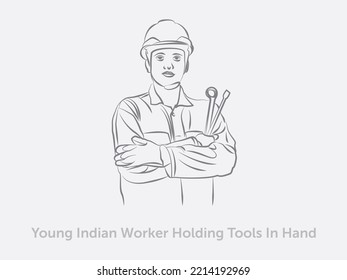 Young Indian Worker Holding Tools In Hand