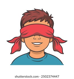 a young individual with brown hair , red blindfold that covers her eyes