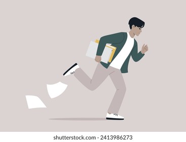 A young individual rushes down the corridor, hurrying to an important meeting, papers slipping from their grasp as they navigate the brisk pace
