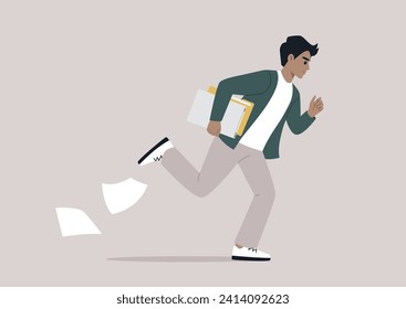 A young individual rushes down the corridor, hurrying to an important meeting, papers slipping from their grasp as they navigate the brisk pace